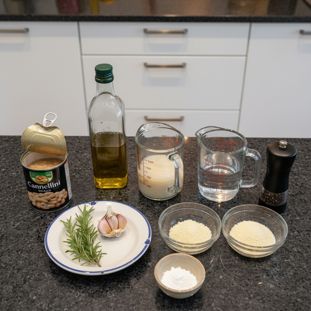 cacio-e-pepe-white-beans-skillet-ingredients A flat lay showing fresh ingredients for Cacio E Pepe White Beans Skillet: canned white beans, pecorino romano, black pepper, garlic, and olive oil.