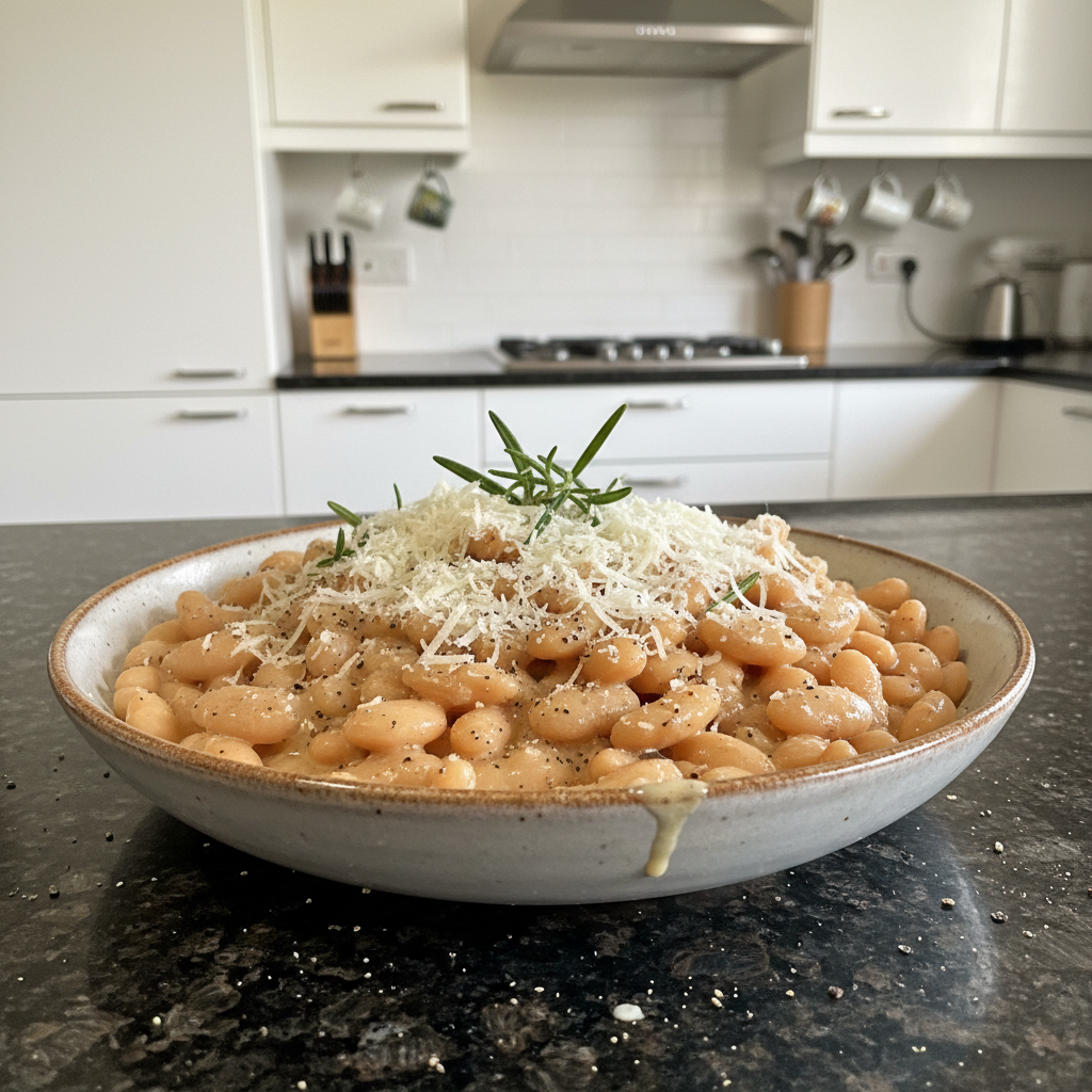 A close-up of creamy Cacio E Pepe White Beans Skillet, garnished with fresh cracked pepper and parsley.