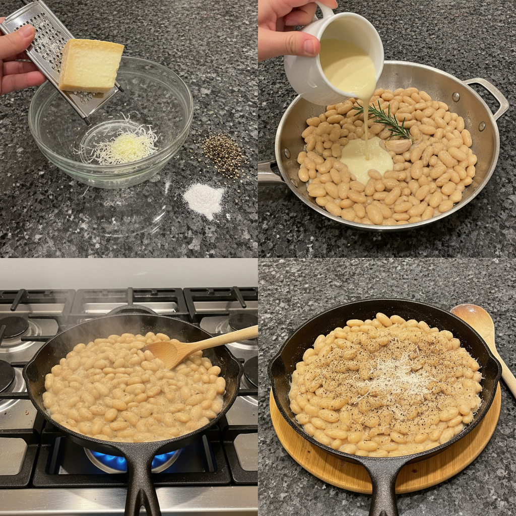 cacio-e-pepe-white-beans-skillet-prep-step A chef stirring white beans and freshly grated pecorino romano in a hot skillet during the Cacio E Pepe White Beans Skillet preparation.