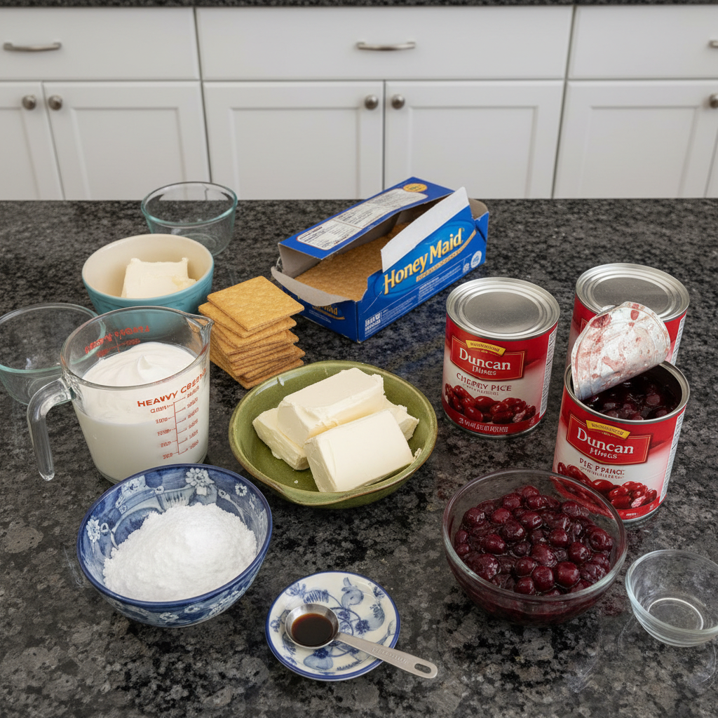 cherry-cheesecake-icebox-cake-ingredients Fresh ingredients laid out for a delicious cherry cheesecake icebox cake, including graham crackers and cherries.