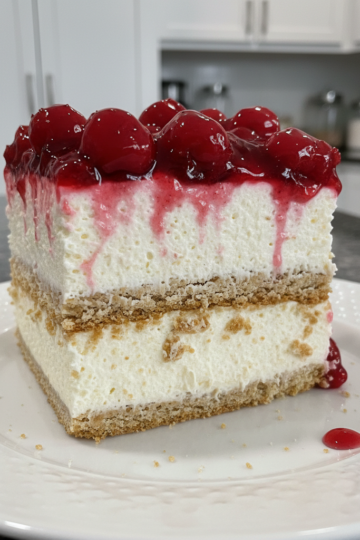 A luscious slice of cherry cheesecake icebox cake, perfectly chilled and ready to serve.