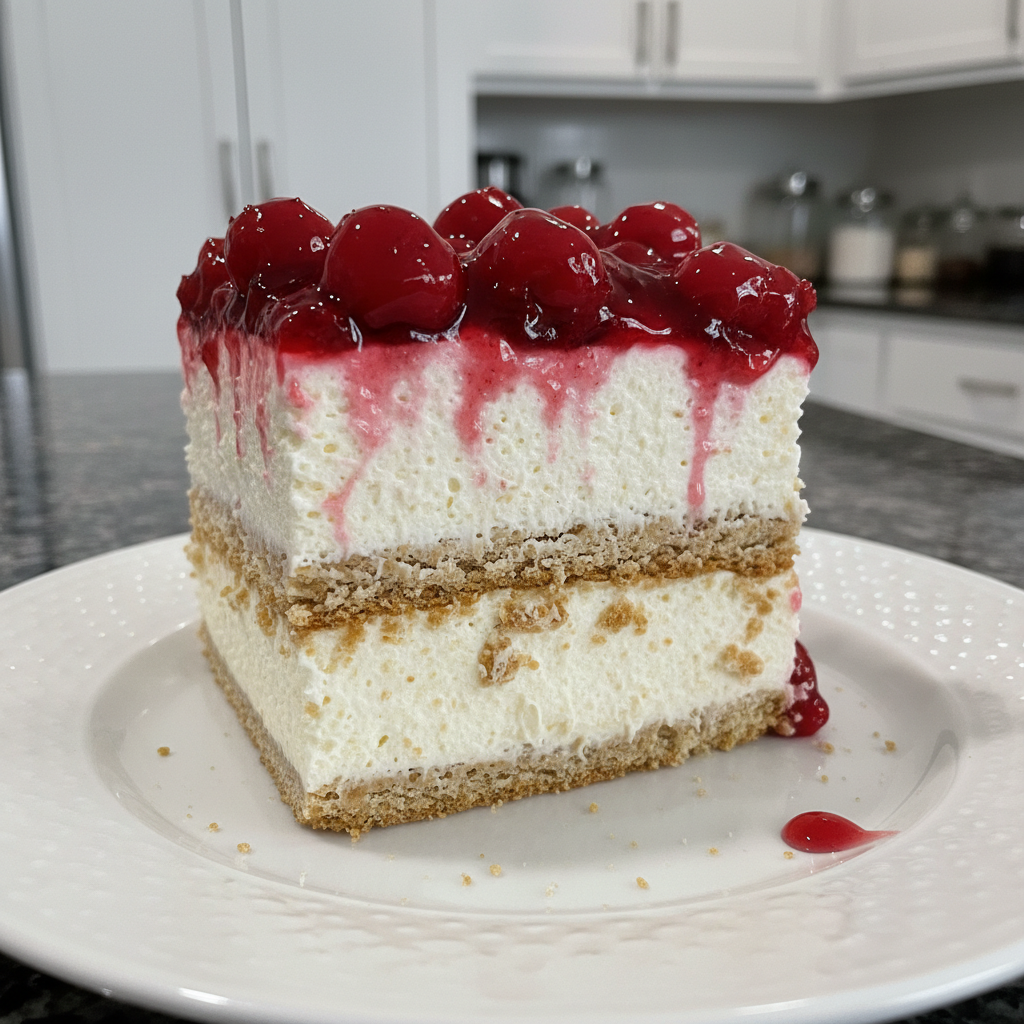A luscious slice of cherry cheesecake icebox cake, perfectly chilled and ready to serve.