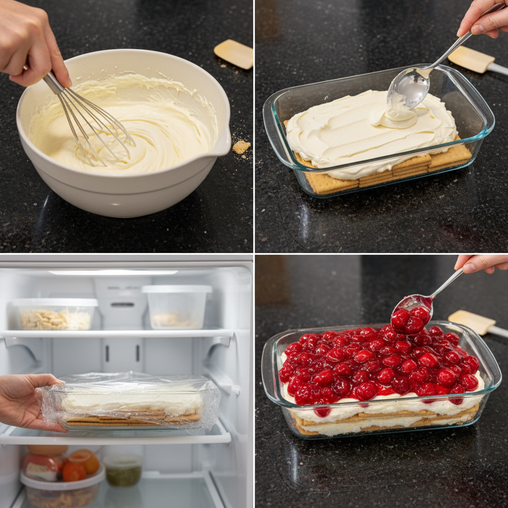 cherry-cheesecake-icebox-cake-prep Hands carefully layering graham crackers and creamy filling to assemble a cherry cheesecake icebox cake.