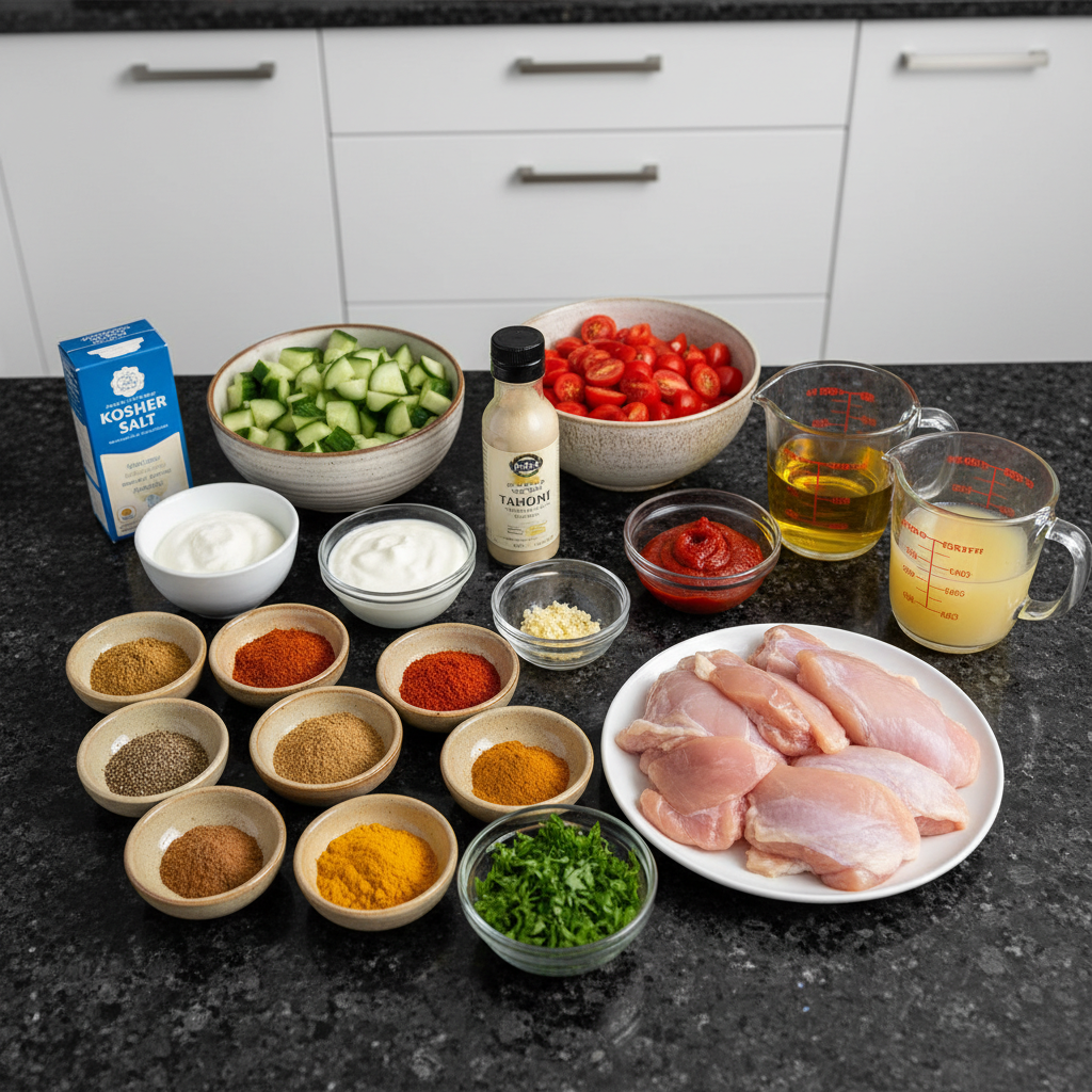 chicken-shawarma-sheet-pan-dinner-ingredients All fresh ingredients for a Chicken Shawarma Sheet-Pan Dinner including sliced chicken, colorful vegetables, and aromatic spices.