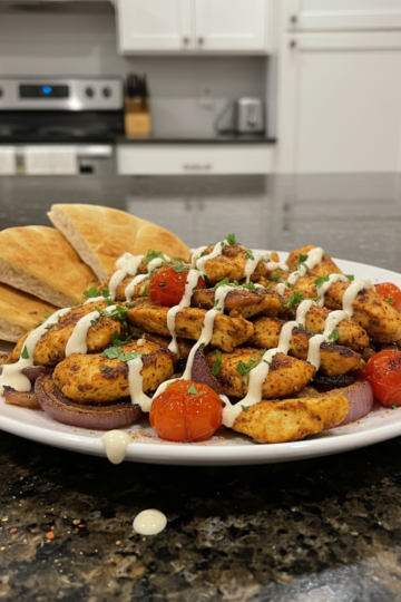 A vibrant Chicken Shawarma Sheet-Pan Dinner with tender chicken, roasted vegetables, and crispy edges, ready to serve.