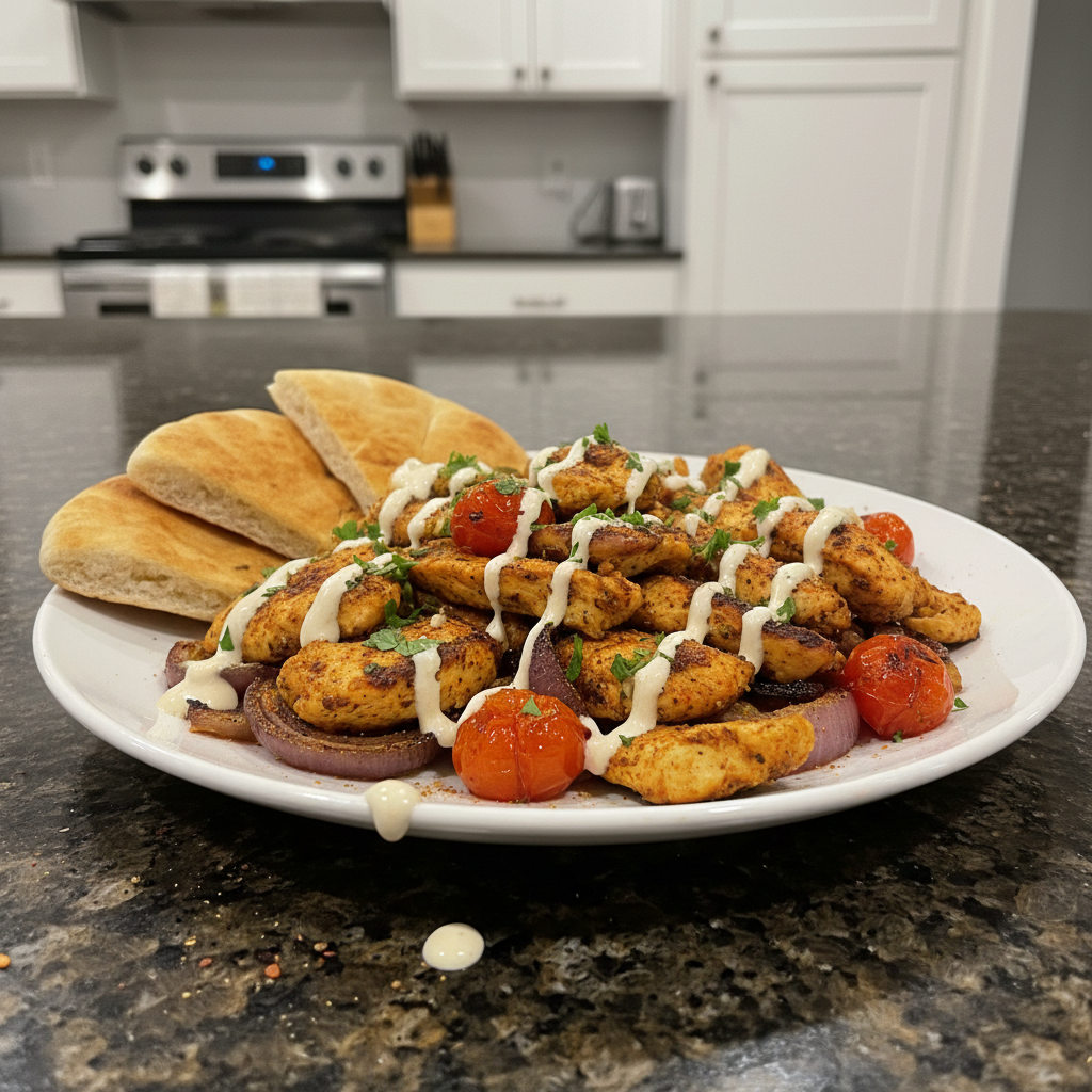 A vibrant Chicken Shawarma Sheet-Pan Dinner with tender chicken, roasted vegetables, and crispy edges, ready to serve.