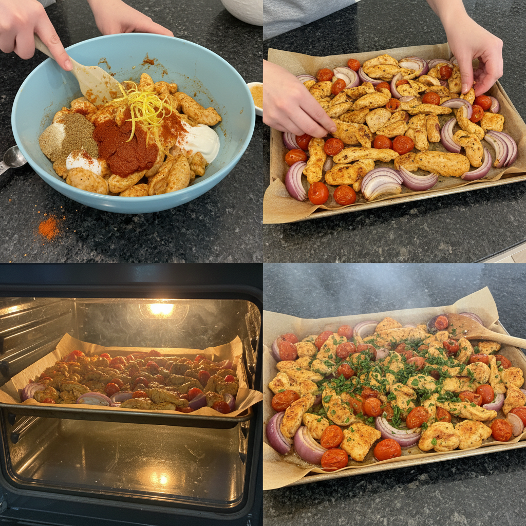 chicken-shawarma-sheet-pan-dinner-prep-step Marinated chicken and vegetables being spread onto a baking sheet, preparing the Chicken Shawarma Sheet-Pan Dinner for the oven.