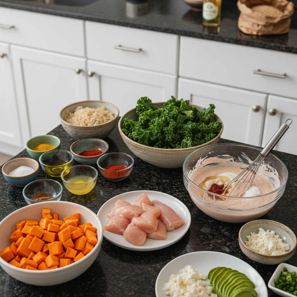 chicken-sweet-potato-rice-bowl-ingredients Fresh raw ingredients laid out on a wooden board for a chicken sweet potato rice bowl recipe.