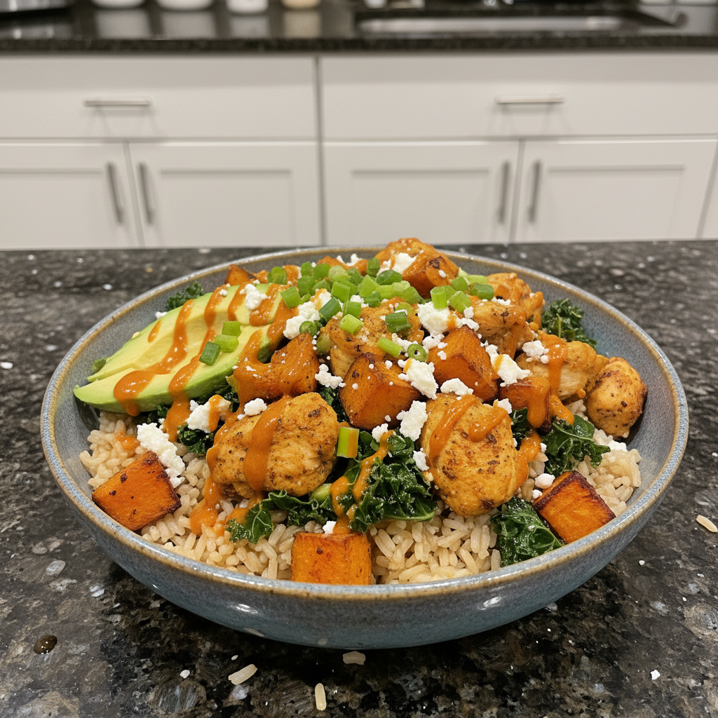 A vibrant chicken sweet potato rice bowl, garnished with fresh cilantro and lime wedges, served in a ceramic bowl.