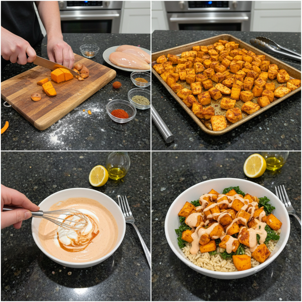 chicken-sweet-potato-rice-bowl-prep Diced chicken breast and cubed sweet potatoes being tossed with seasoning in a bowl for a rice bowl.