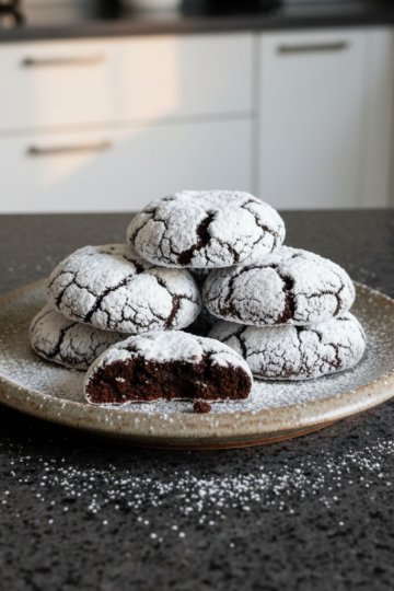 A close-up of deeply dark Chocolate Crinkle Cookies with snowy powdered sugar cracks, stacked on a cooling rack.