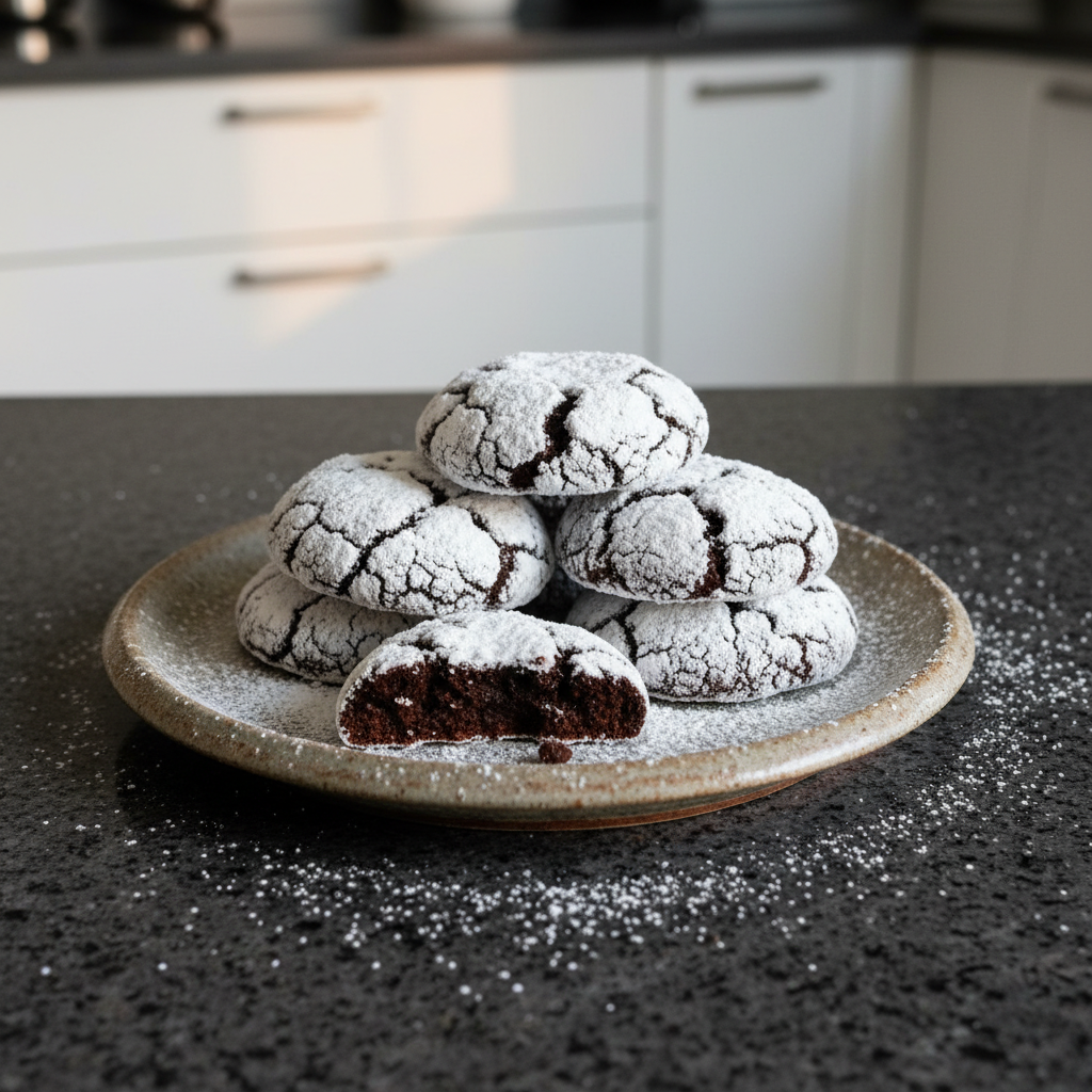 A close-up of deeply dark Chocolate Crinkle Cookies with snowy powdered sugar cracks, stacked on a cooling rack.