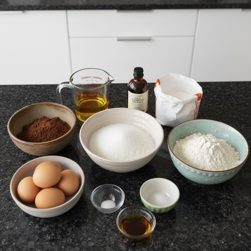 chocolate-crinkle-cookies-ingredients A flat lay of raw ingredients like cocoa powder, sugar, flour, eggs, and chocolate chips for Chocolate Crinkle Cookies.