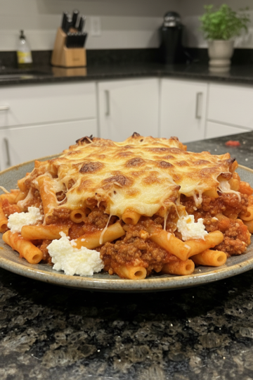 A bubbling, golden-brown pan of Cottage Cheese Baked Ziti, fresh from the oven, ready to be served.
