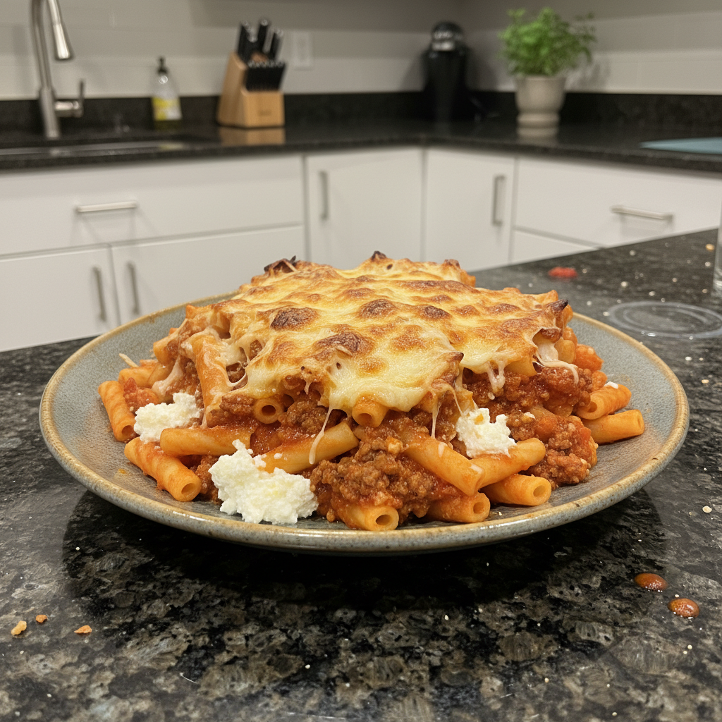 A bubbling, golden-brown pan of Cottage Cheese Baked Ziti, fresh from the oven, ready to be served.
