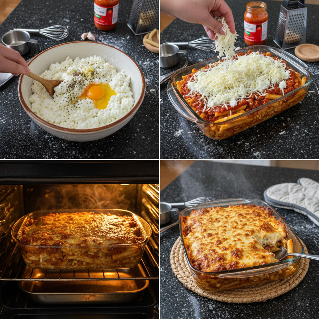 cottage-cheese-baked-ziti-prep-step A hand spreading creamy cottage cheese mixture evenly over cooked ziti pasta in a baking dish for Cottage Cheese Baked Ziti.