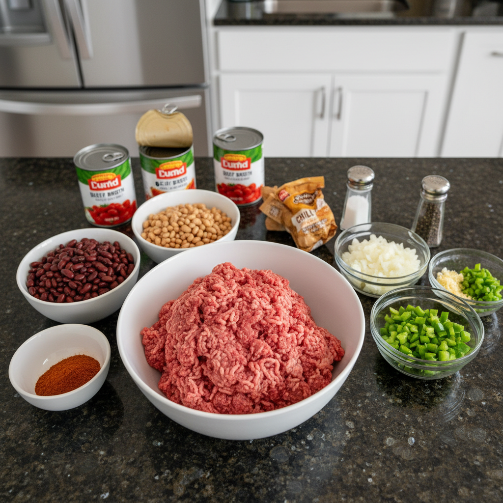 cowboy-chili-recipe-ingredients Fresh ingredients for a cowboy chili recipe, including ground beef, beans, tomatoes, and various spices, laid out on a wooden table.