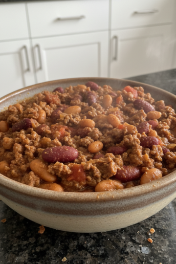 A hearty bowl of cowboy chili recipe, rich with beans, meat, and spices, garnished with fresh cilantro and shredded cheese.