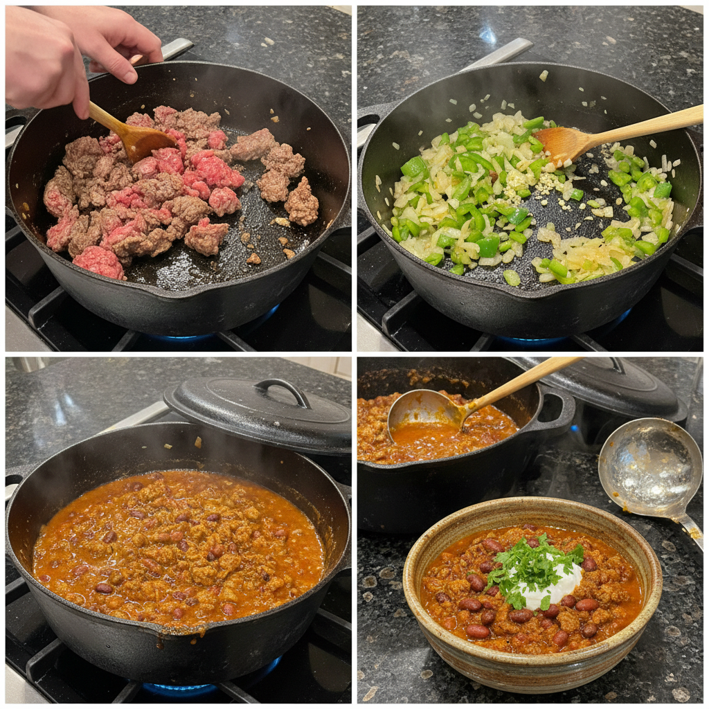 cowboy-chili-recipe-prep-simmering A large pot of cowboy chili recipe simmering on the stove, bubbling gently, filling the kitchen with a warm, inviting aroma.