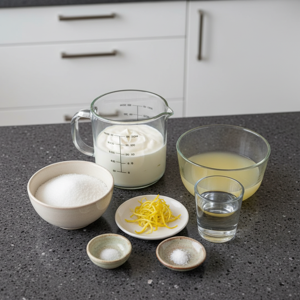 creamy-lemon-dessert-ingredients Fresh lemons, heavy cream, sugar, and other essential components for making a creamy lemon dessert laid out on a clean surface.