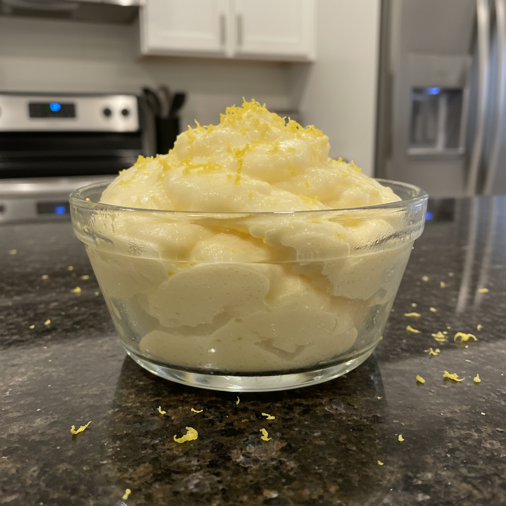 A vibrant, creamy lemon dessert garnished with fresh mint and a lemon slice, perfectly chilled and ready to serve.