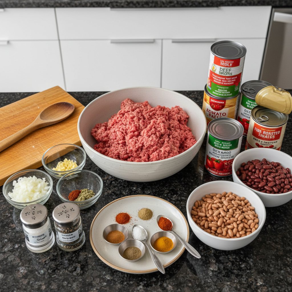 crockpot-chili-recipe-ingredients A colorful array of fresh vegetables, beans, ground beef, and spices, laid out for a crockpot chili recipe.