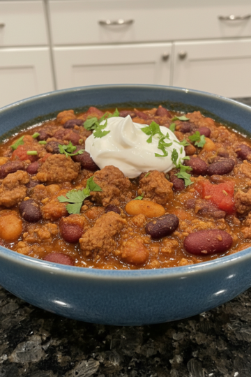 A hearty bowl of simmering crockpot chili recipe, garnished with shredded cheese and fresh cilantro, ready to serve.