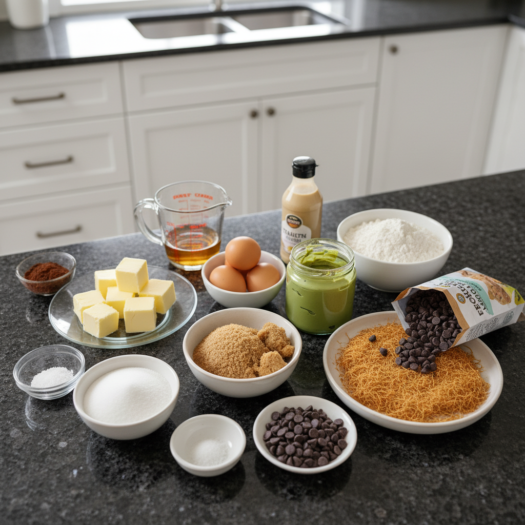 dubai-chocolate-brownies-ingredients A flat lay of fresh ingredients like premium cocoa, dark chocolate, butter, and sugar for Dubai Chocolate Brownies.
