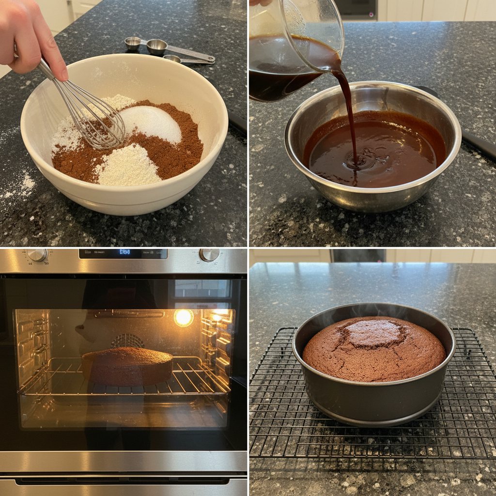 dubai-chocolate-cake-batter-mixing Hands gently mixing the smooth, dark batter in a bowl, a key step in preparing a luscious Dubai chocolate cake.