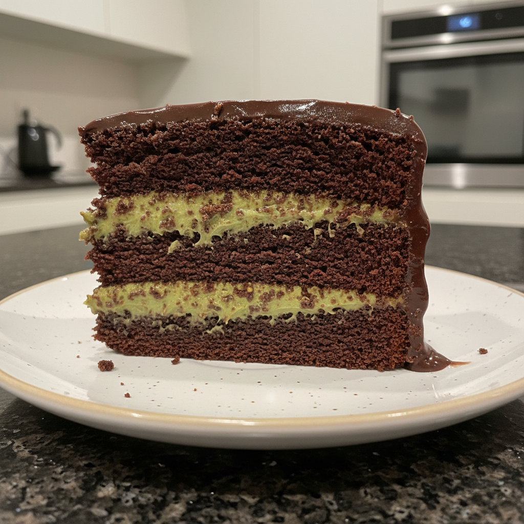 A stunning slice of decadent Dubai chocolate cake, rich with a glossy glaze and intricate edible gold details.