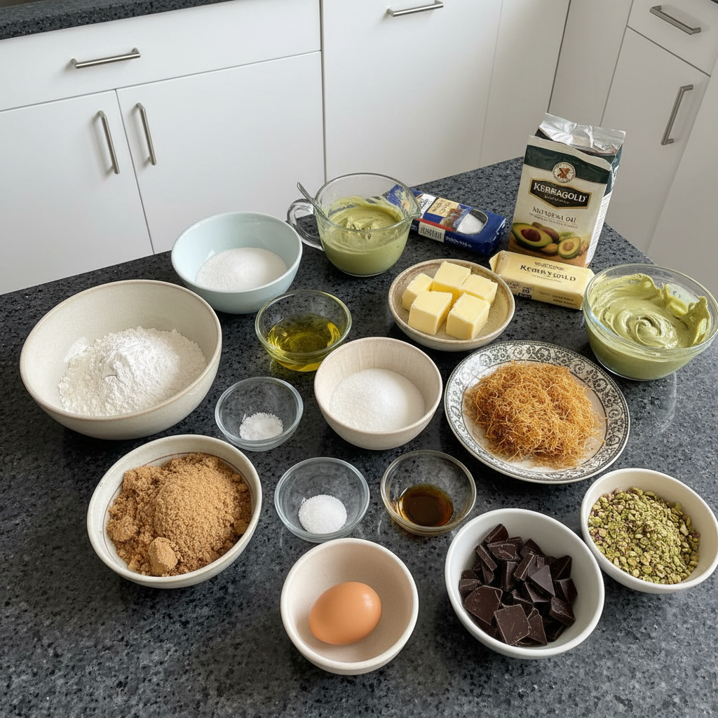 dubai-chocolate-cookie-ingredients-list Fresh, high-quality ingredients laid out for making delicious Dubai Chocolate Cookies.