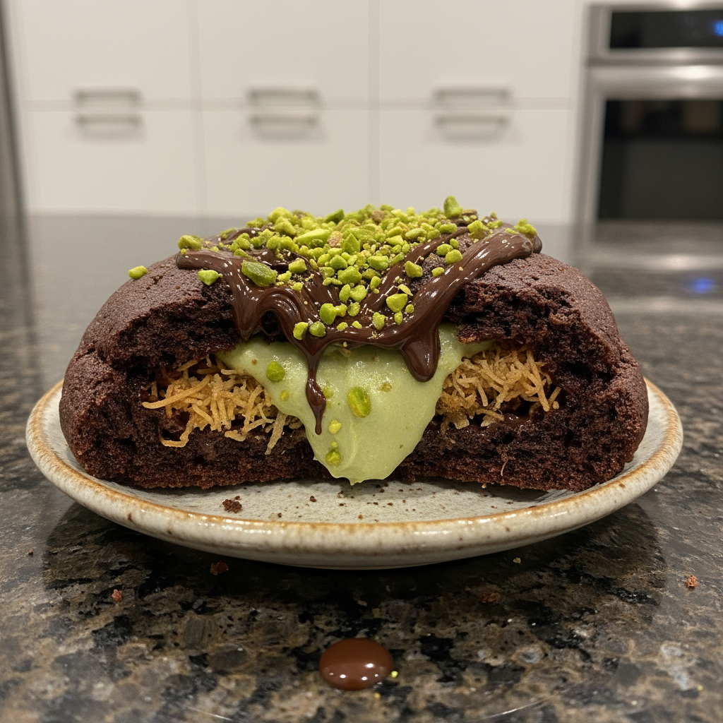 A close-up shot of a gourmet Dubai Chocolate Cookie, glistening with a rich chocolate coating and delicate filling.