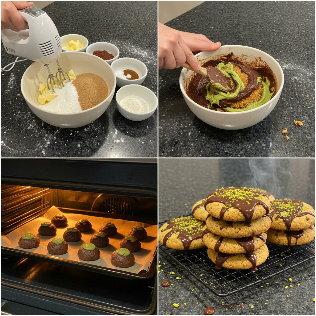 dubai-chocolate-cookie-preparation-step Hands carefully assembling a Dubai Chocolate Cookie, adding its unique, rich filling before baking.