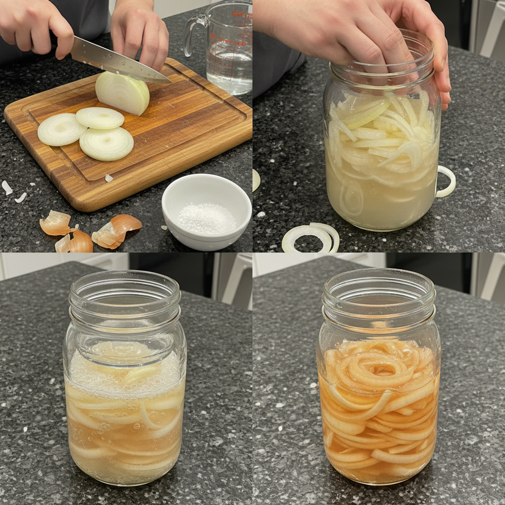 fermented-onions-preparation Hands slicing red onions thinly with a sharp knife, preparing them for fermentation in a glass jar.