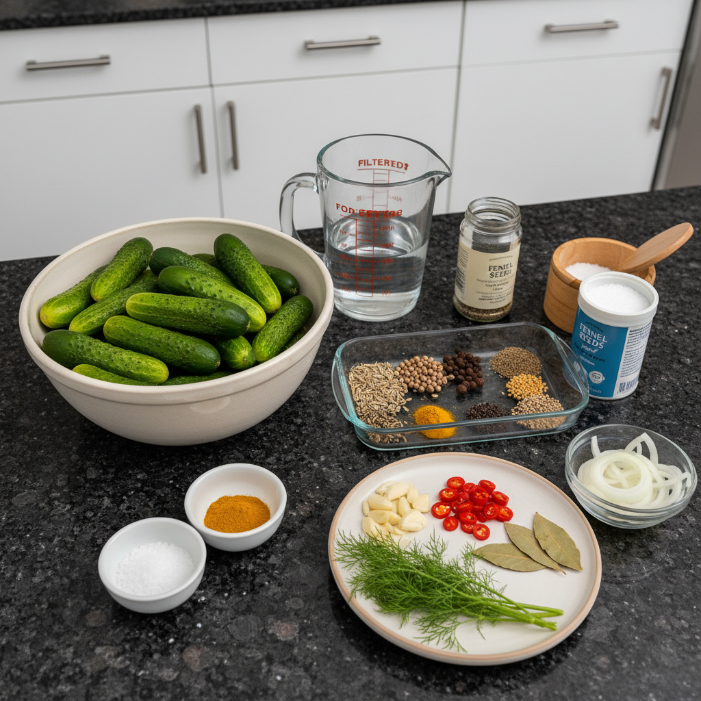 fermented-pickles-ingredients-layout Fresh cucumbers, dill sprigs, garlic cloves, and spices laid out for making fermented pickles.
