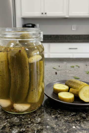 A beautiful jar of crispy, golden fermented pickles with dill and garlic, perfectly preserved.