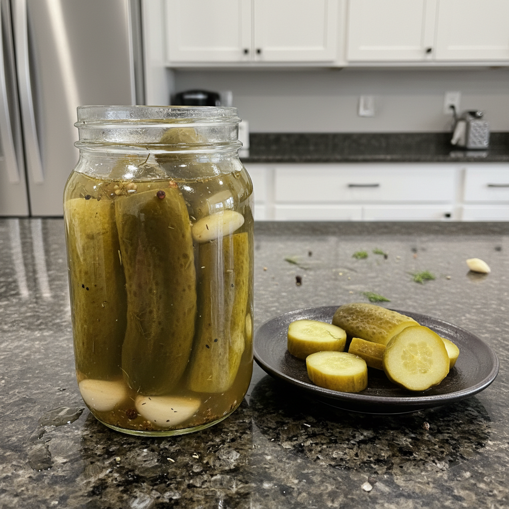 A beautiful jar of crispy, golden fermented pickles with dill and garlic, perfectly preserved.
