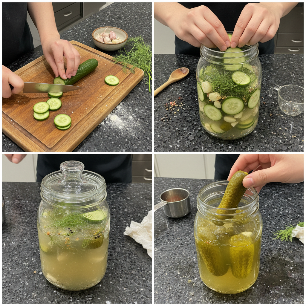 fermented-pickles-prep-jarring Hands arranging whole cucumbers, fresh dill, and sliced garlic into a glass jar for fermented pickles.