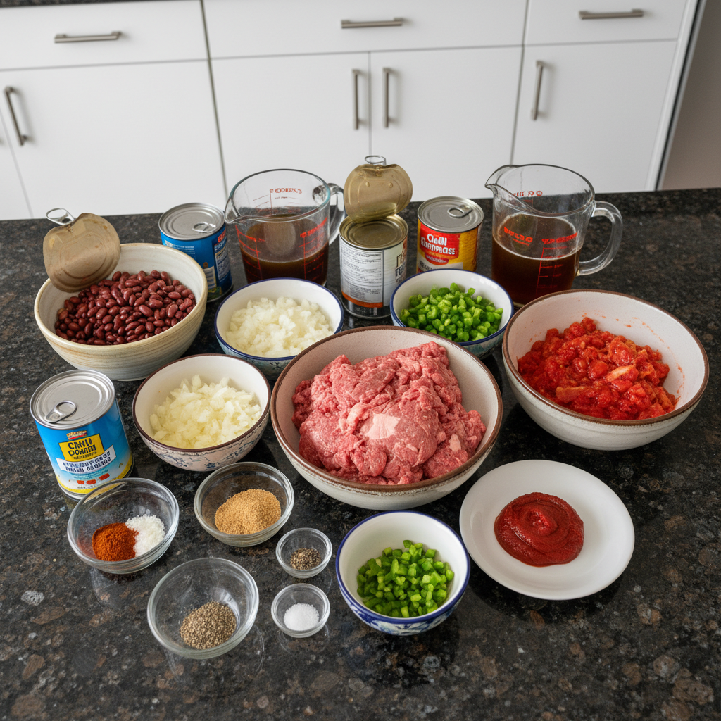 ground-beef-chili-recipe-ingredients All fresh ingredients for a ground beef chili recipe, including ground beef, canned tomatoes, kidney beans, chili powder, and onions, neatly arranged on a counter.