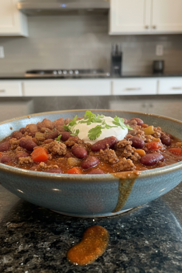 A steaming bowl of hearty ground beef chili, garnished with shredded cheese and fresh cilantro, served in a rustic bowl.
