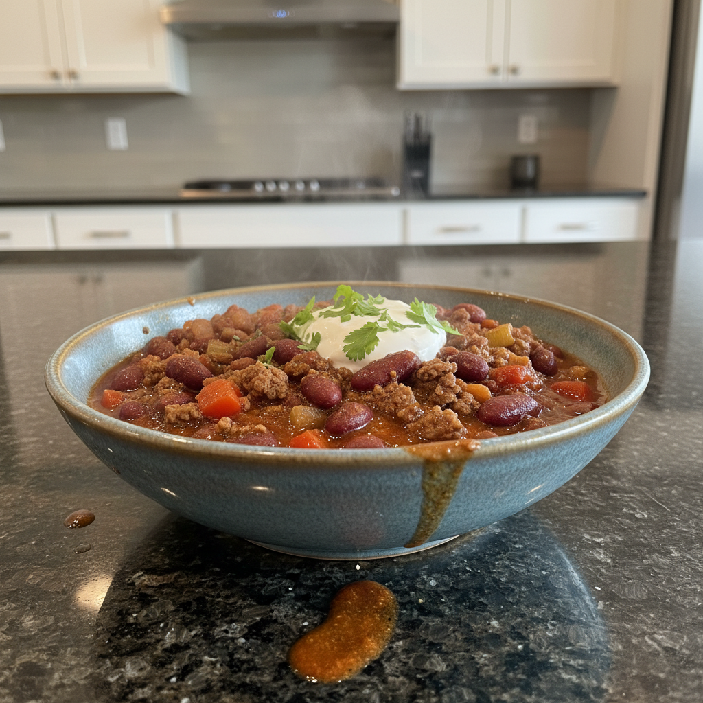 A steaming bowl of hearty ground beef chili, garnished with shredded cheese and fresh cilantro, served in a rustic bowl.