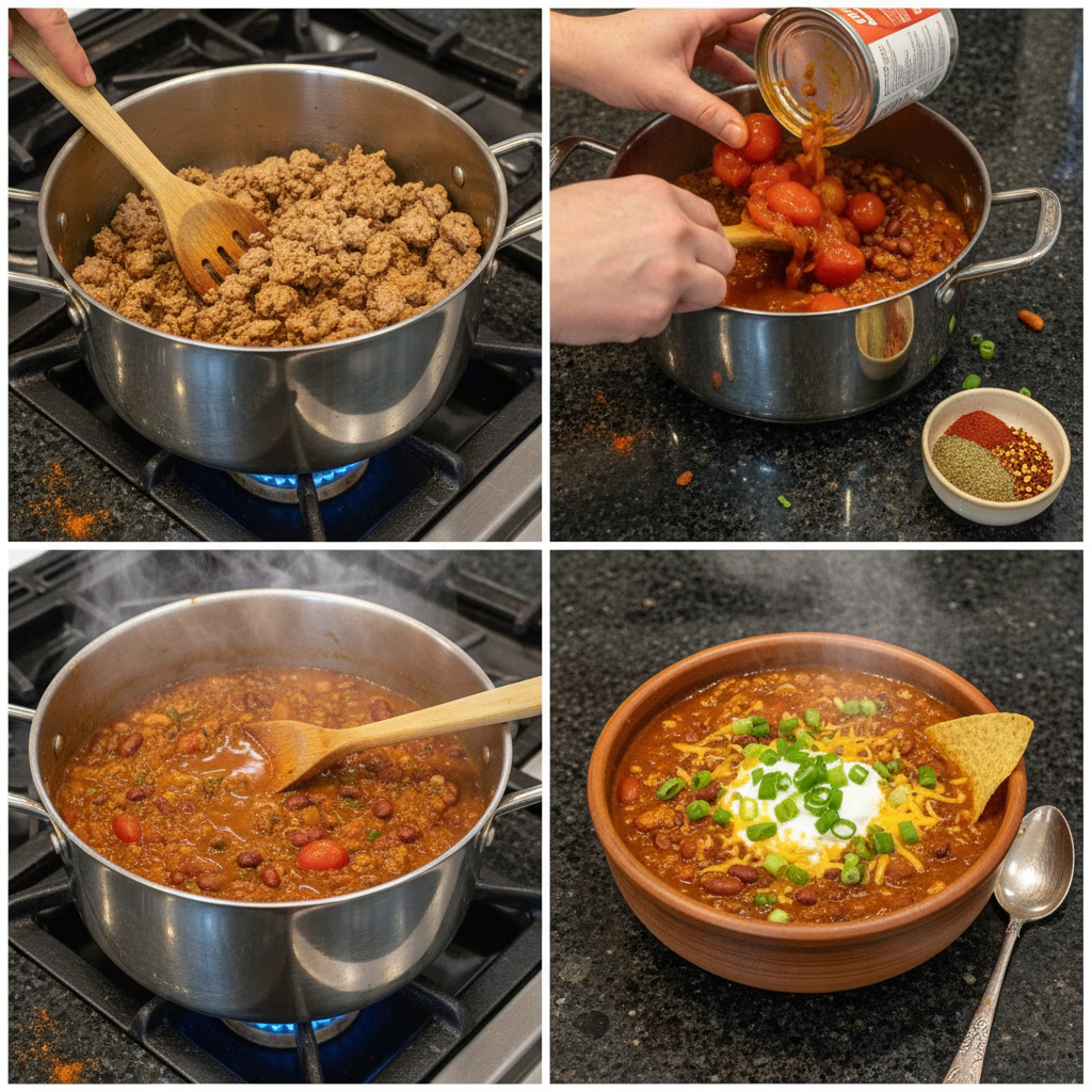 ground-turkey-chili-recipe-browning-meat Ground turkey browning in a large pot with vegetables, a key step in the chili recipe.