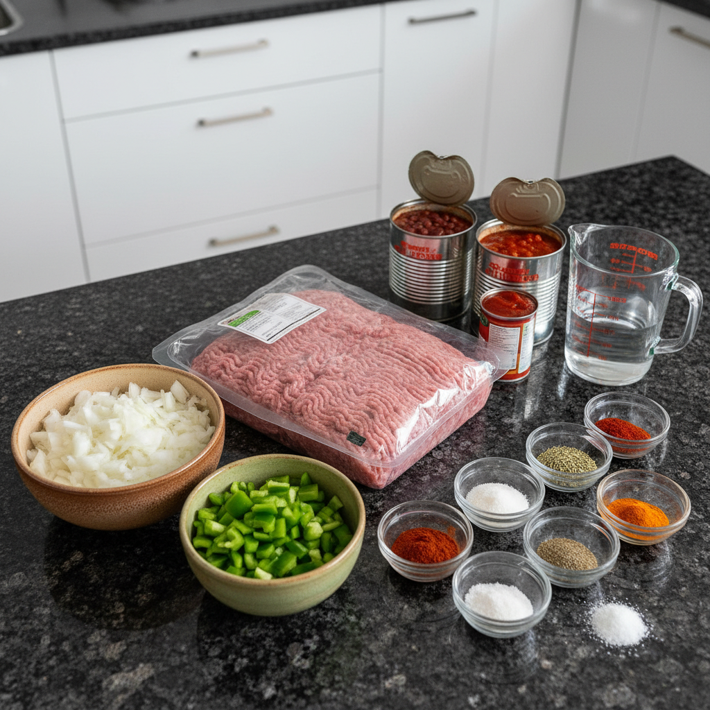 ground-turkey-chili-recipe-ingredients Various fresh ingredients for ground turkey chili, including ground turkey, beans, tomatoes, and spices.