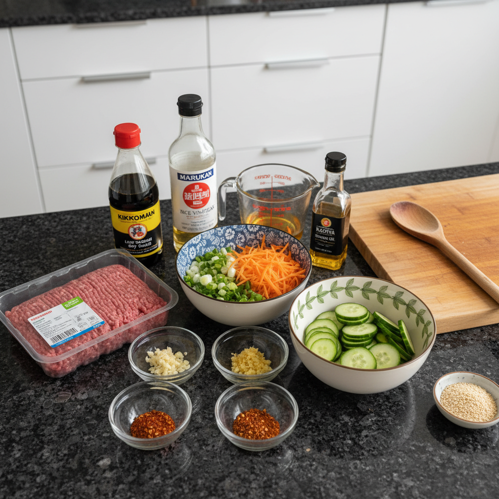 healthy-ground-beef-rice-bowl-ingredients A colorful array of fresh ingredients for a Healthy Ground Beef Rice Bowl, including lean ground beef, cooked rice, avocado, lime, and cilantro.