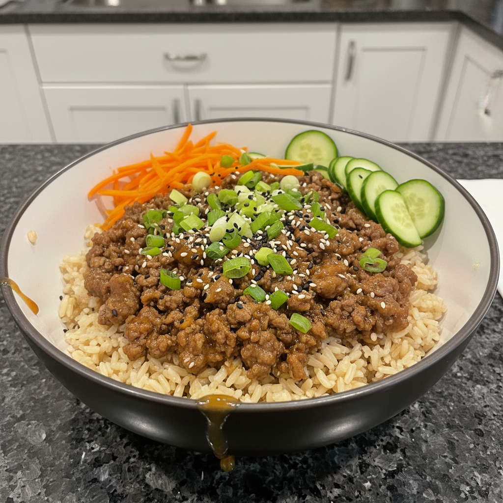 A vibrant and nutritious Healthy Ground Beef Rice Bowl, topped with fresh avocado, cilantro, and a lime wedge, presented on a light wooden surface.