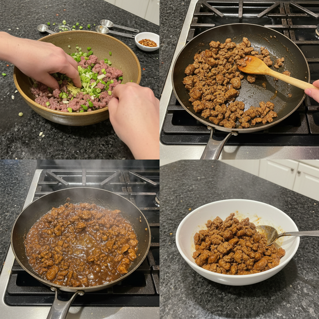 healthy-ground-beef-rice-bowl-prep Hands are gently scooping cooked seasoned ground beef into a bowl of fluffy rice, preparing the Healthy Ground Beef Rice Bowl.