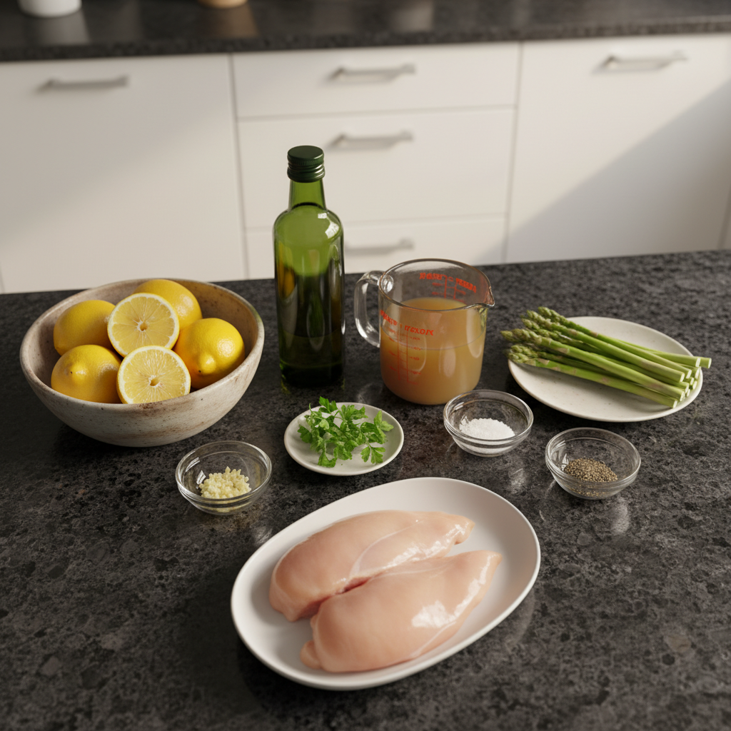 healthy-lemon-garlic-chicken-ingredients Fresh ingredients for Healthy Lemon Garlic Chicken, including chicken breasts, bright yellow lemons, garlic cloves, and herbs, arranged on a cutting board.