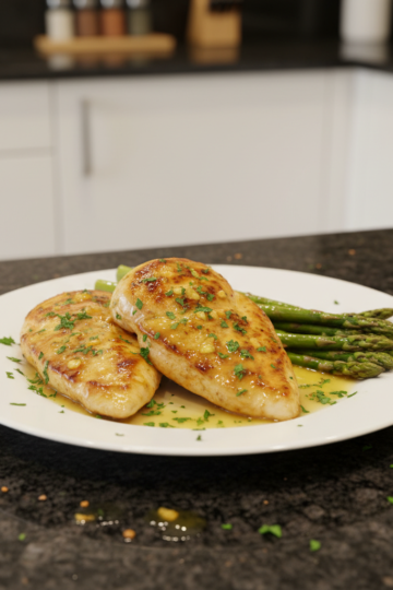 A glistening plate of oven-baked Healthy Lemon Garlic Chicken thighs, adorned with fresh parsley and lemon slices.