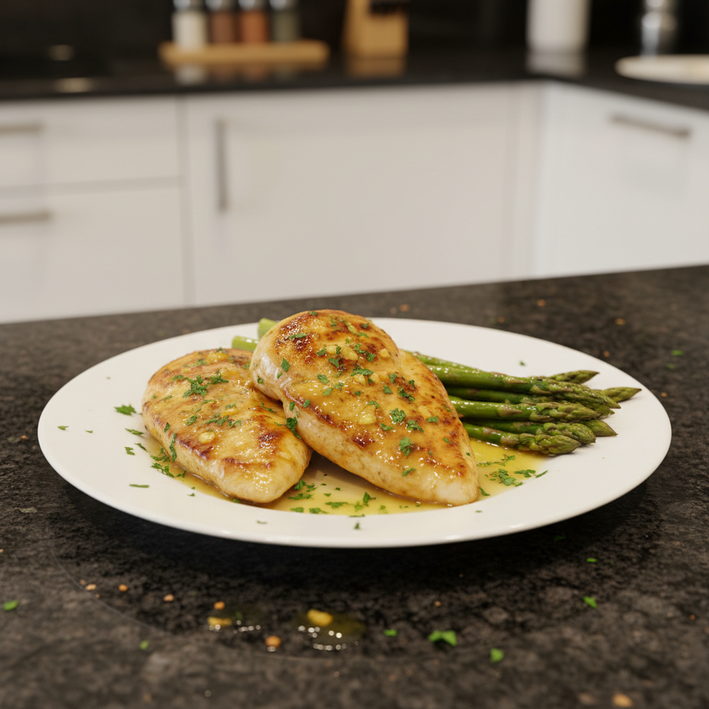 A glistening plate of oven-baked Healthy Lemon Garlic Chicken thighs, adorned with fresh parsley and lemon slices.