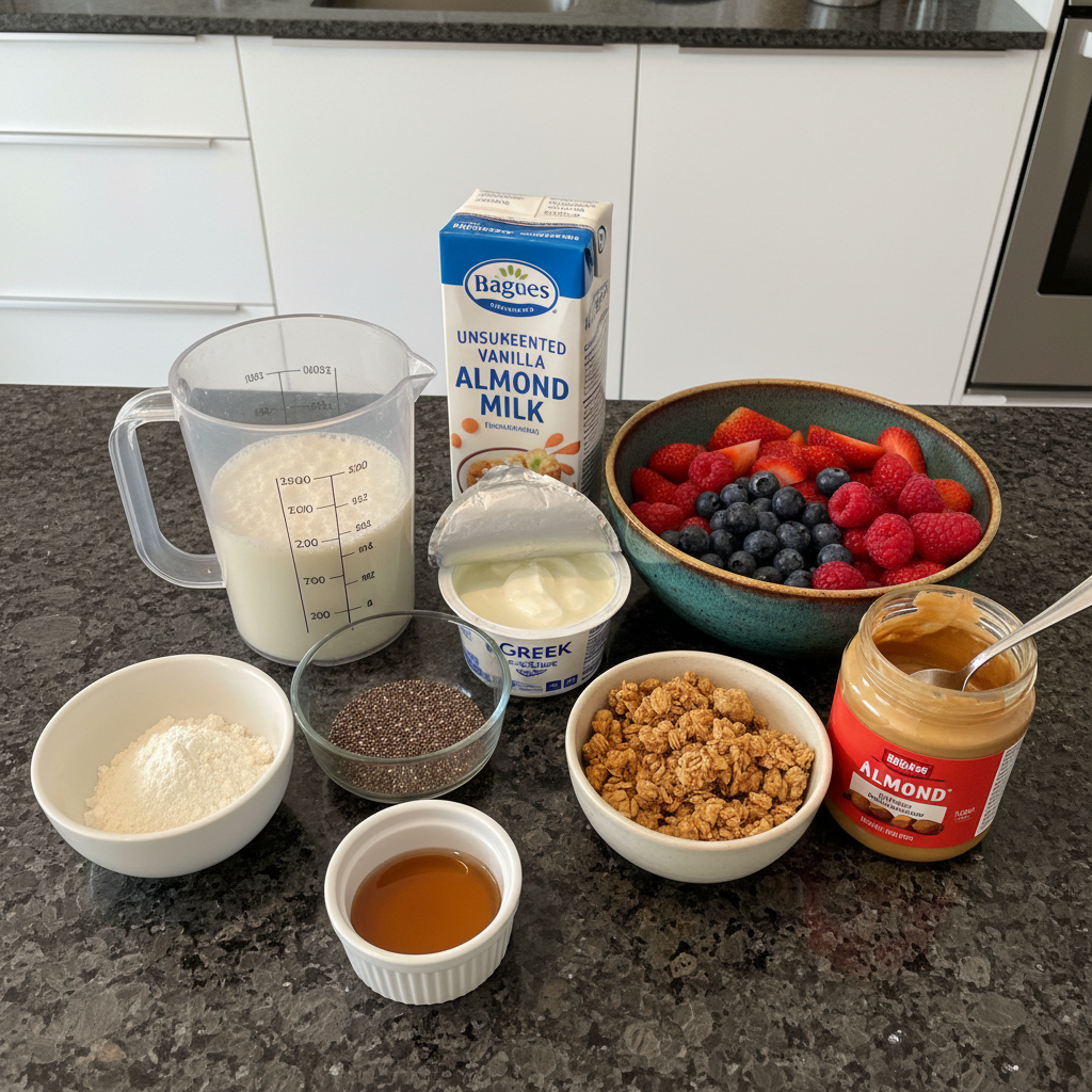 high-protein-chia-pudding-ingredients Various healthy ingredients for High Protein Chia Pudding, including chia seeds, protein powder, milk, and fruit.